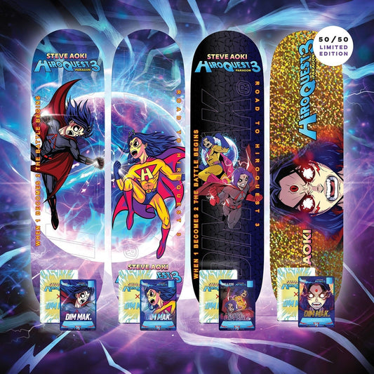 Steve Aoki's HiROQUEST 3 Skateboard with a special edition Hiroquest x Dim Mak promo card